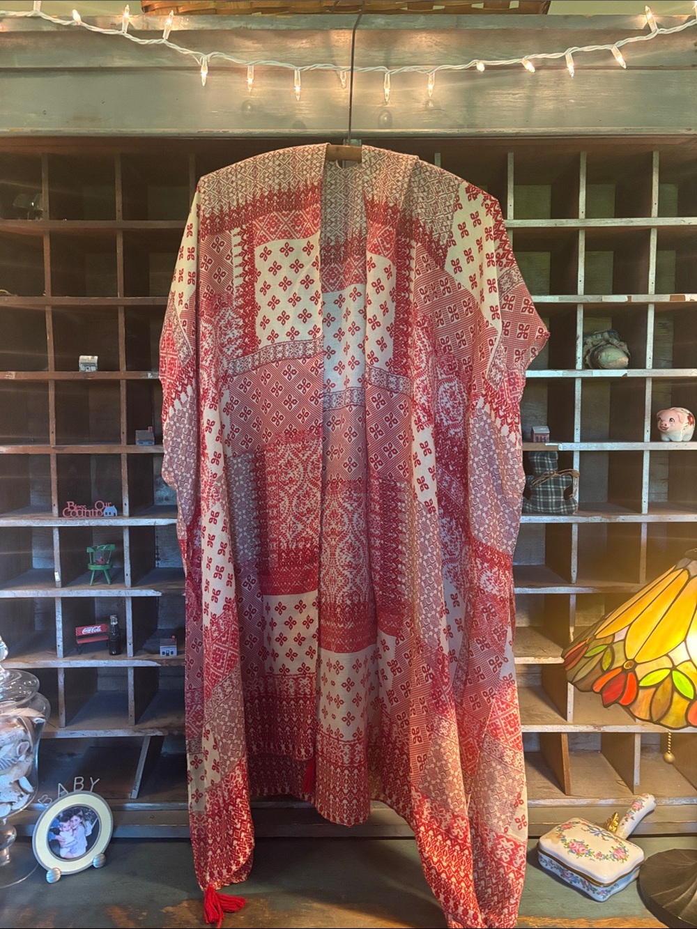 Free People Red & Cream Patchwork Kimono Cardigan
